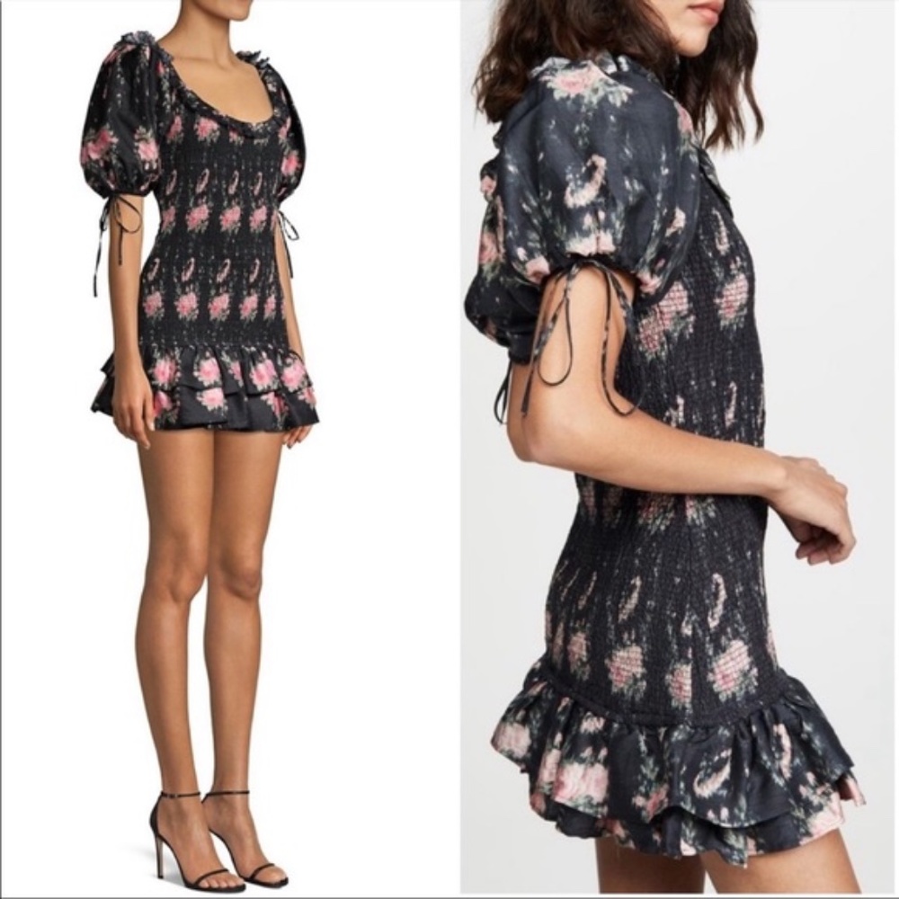 LoveShackFancy Violet Rose-Print Puff Sleeve Mini Dress XS